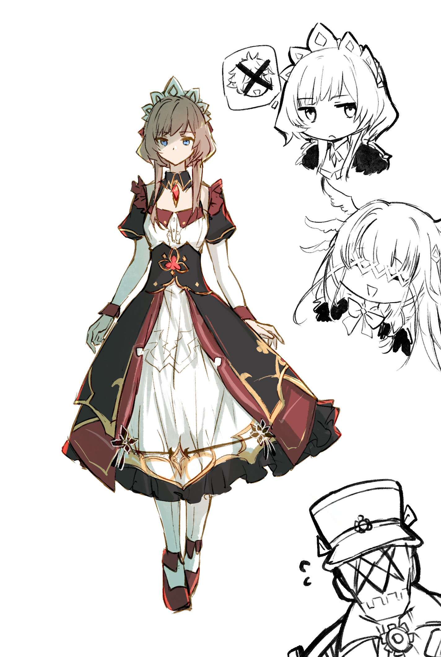illen, columbina (genshin impact), sandrone (genshin impact), genshin impact, highres, 1boy, 2girls, :d, black dress, blue eyes, brown hair, dress, layered sleeves, long hair, long sleeves, looking at viewer, multiple girls, open mouth, shoes, short over long sleeves, short sleeves, sidelocks, simple background, smile, standing, two-tone dress, white background, white dress, x mark