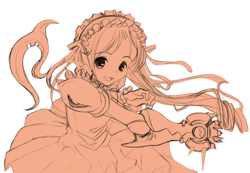 aria (sister princess), kazuma (scryed), scryed, sister princess, 1girl, :d, cosplay, drill hair, female focus, floating hair, food, fruit, gauntlets, hair ribbon, kazuma (cosplay), looking at viewer, maid headdress, monochrome, open mouth, orange (fruit), orange theme, parody, ribbon, shell bullet, simple background, smile, solo, twintails, upper body, white background