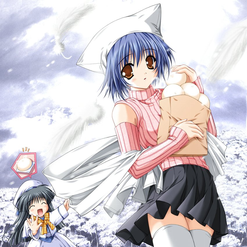 kitazato shigure, yukizuki sumino, snow (game), 2girls, bag, black hair, blue hair, blush, brown eyes, feathers, food, hat, long hair, multiple girls, scarf, short hair, skirt, snow, snowing, thighhighs, white thighhighs, zettai ryouiki