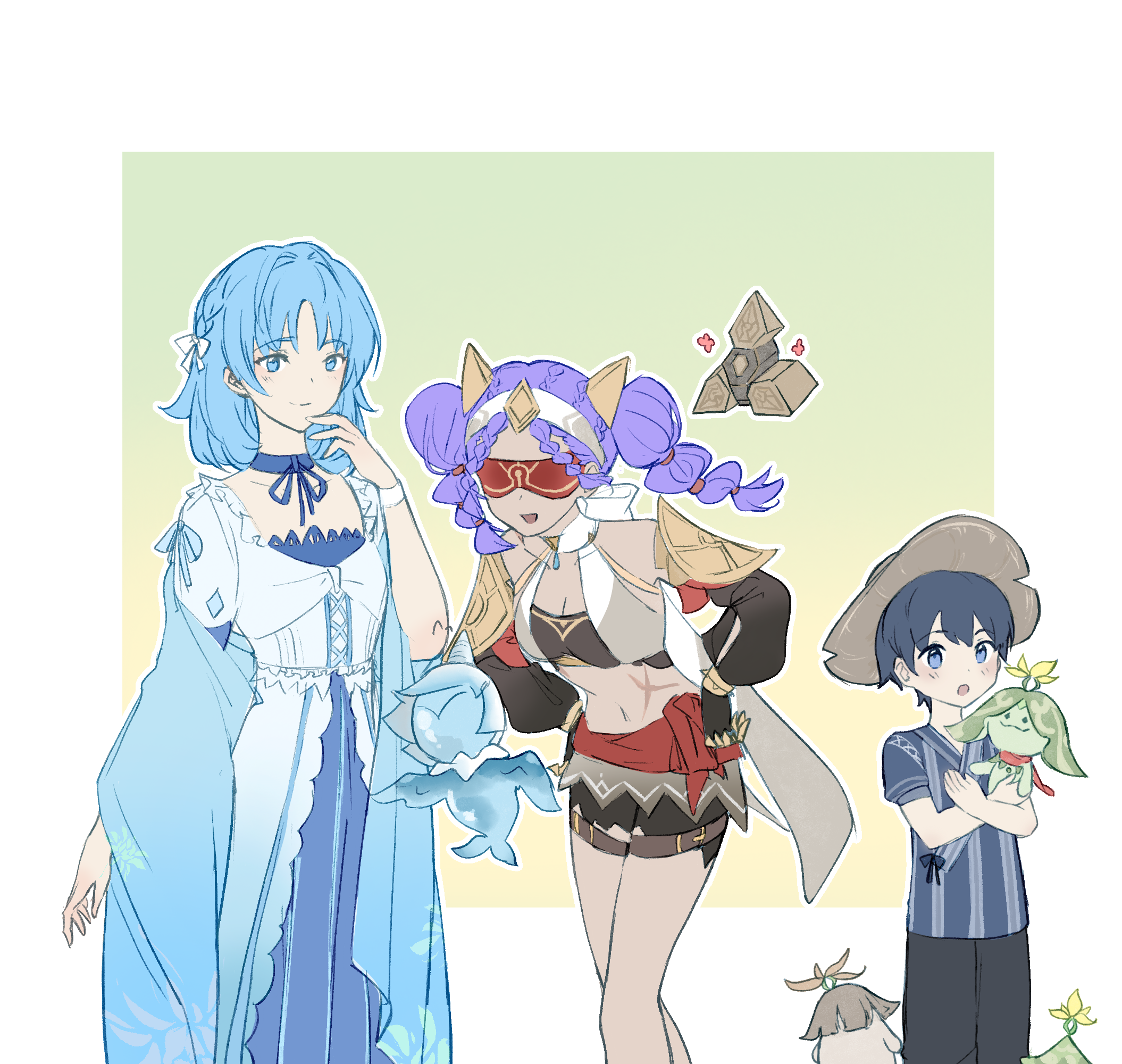 illen, aranara (genshin impact), benben (genshin impact), jeht (genshin impact), oceanid (genshin impact), ruu (genshin impact), genshin impact, chinese commentary, commentary request, highres, 1boy, 2girls, :o, bare legs, bare shoulders, belt, black pants, blindfold, blue choker, blue dress, blue eyes, blue hair, blue shirt, bow, choker, dress, feet out of frame, grey hat, hair bow, hat, holding, mary-ann (genshin impact), midriff, multi-tied hair, multiple girls, navel, open mouth, pants, purple hair, shirt, short sleeves, smile, standing, stomach, thigh belt, thigh strap, twintails, two-tone dress, white bow, white dress