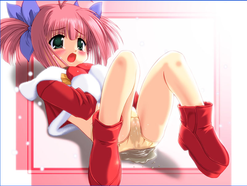 wakou ouka, snow (game), artist request, 1girl, blush, boots, bow, female focus, green eyes, hair ornament, hands on own chest, loli, lying, no pants, open mouth, panties, pee, peeing, peeing self, pink hair, puddle, purposeful wetting, ribbon, snow, snowing, solo, tears, underwear, wet, wet clothes, wet panties