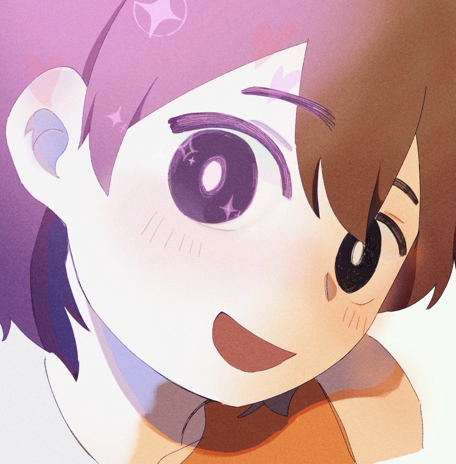 pasuta928008, kel (faraway) (omori), kel (headspace) (omori), kel (omori), monitoring (vocaloid), omori, highres, unfinished, 1boy, :d, bare shoulders, black eyes, blush, bright pupils, brown hair, close-up, collarbone, colored skin, cropped shoulders, dual persona, film grain, hair behind ear, looking at viewer, male focus, open mouth, orange tank top, purple eyes, purple hair, short hair, smile, solo, sparkle, split theme, tan, tank top, white background, white pupils, white skin