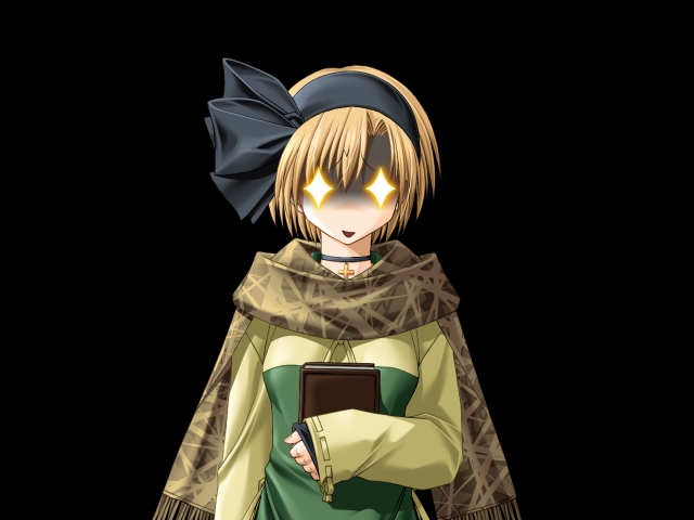 asuka pyon, tachibana meiko, snow (game), game cg, + +, 1girl, blonde hair, book, choker, cross, female focus, glowing, glowing eyes, hairband, scarf, short hair, simple background, snow, solo