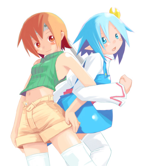 rena lanford, yuffie kisaragi, final fantasy, final fantasy vii, star ocean, star ocean: the second story, 1990s (style), 2girls, bare shoulders, crescent, crescent hair ornament, hair ornament, headband, midriff, multiple girls, navel, pointy ears, retro artstyle, sleeveless, sleeveless turtleneck, thighhighs, turtleneck