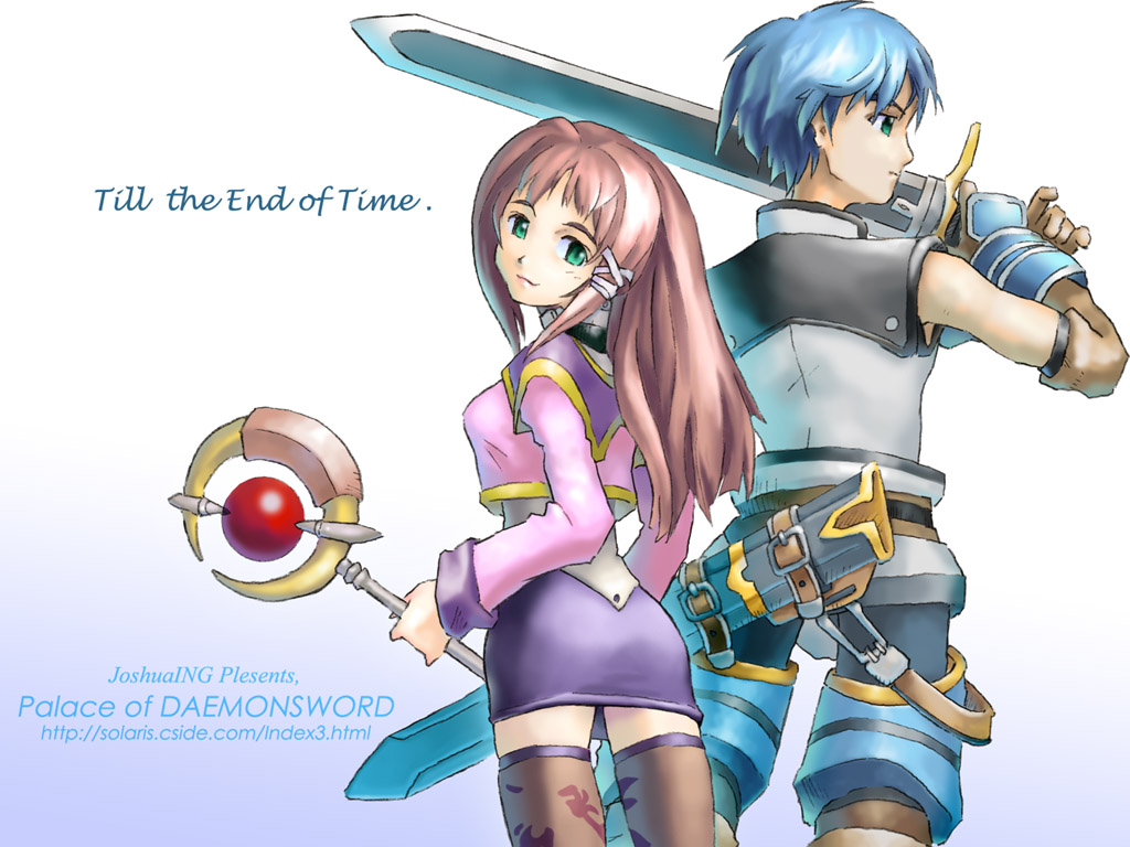 fayt leingod, sophia esteed, star ocean, star ocean: till the end of time, 1boy, 1girl, copyright name, english text, thighhighs