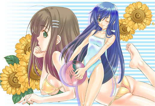 maria traydor, sophia esteed, star ocean, star ocean: till the end of time, artist request, 2girls, ahoge, ass, ball, bare arms, barefoot, beachball, bikini, blue hair, blue one-piece swimsuit, bra, breasts, brown hair, closed mouth, collarbone, facing away, facing viewer, flower, foot up, green eyes, hair between eyes, hair ornament, hairclip, hand up, happy, head rest, holding, holding ball, large breasts, leaf, leg up, long hair, looking at viewer, lying, medium breasts, multiple girls, nipples, on stomach, one-piece swimsuit, one eye closed, panties, plant, smile, standing, striped background, sunflower, swimsuit, thighs, underwear, wink, yellow bikini