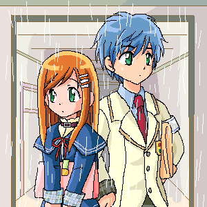 fayt leingod, sophia esteed, star ocean, star ocean: till the end of time, bookbag, lowres, 1boy, 1girl, bag, blue hair, green eyes, hair ornament, hallway, jacket, long hair, necktie, oekaki, orange hair, rain, school uniform