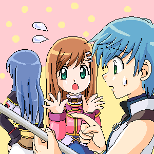 fayt leingod, maria traydor, sophia esteed, star ocean, star ocean: till the end of time, light purple hair, looking away, lowres, 1boy, 2girls, :o, blue hair, brown hair, choker, dress, flying sweatdrops, green eyes, hair ornament, hairclip, long hair, multiple girls, parted lips, pink dress, pointing, polearm, sweatdrop, very long hair, weapon