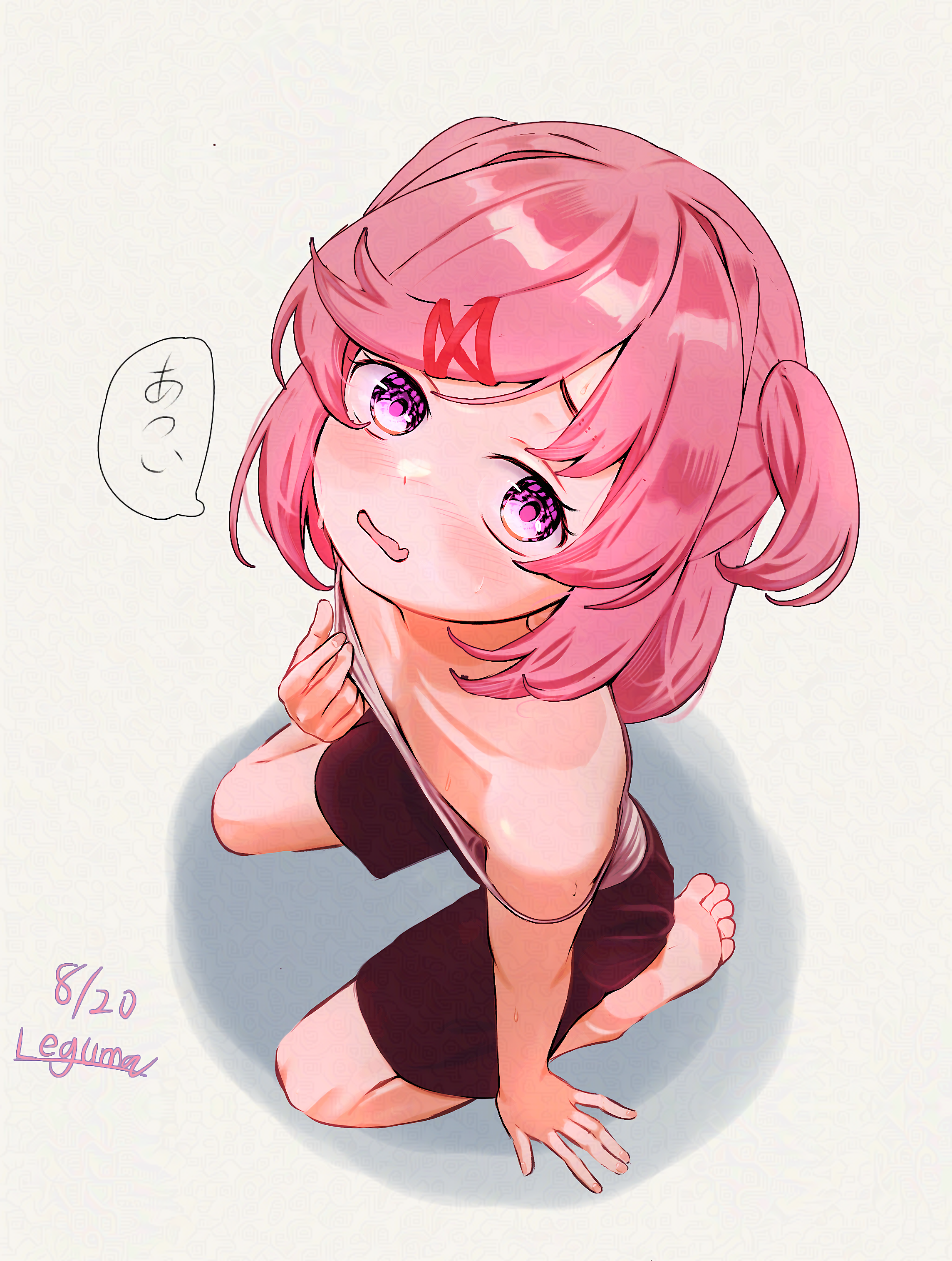 leguma, natsuki (doki doki literature club), doki doki literature club, absurdres, highres, translated, 1girl, adjusting clothes, arm at side, artist name, barefoot, black shorts, blush, bob cut, camisole, collarbone, dated, fang, flat chest, foreshortening, from above, from side, full body, hair intakes, hair ornament, hair ribbon, hand on ground, hand on own chest, kneeling, looking at viewer, looking to the side, looking up, parted lips, pink eyes, pink hair, raised eyebrows, red ribbon, ribbon, romaji commentary, shadow, short hair, shorts, signature, skin fang, soles, solo, speech bubble, strap slip, sweat, swept bangs, toes, two side up, wavy mouth, white background, white camisole, x hair ornament
