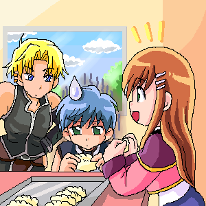 cliff fittir, fayt leingod, sophia esteed, star ocean, star ocean: till the end of time, lowres, 1girl, 2boys, cooking, multiple boys, window