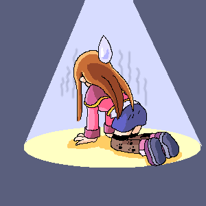 sophia esteed, star ocean, star ocean: till the end of time, lowres, 1girl, brown hair, female focus, grey background, long hair, miniskirt, oekaki, pencil skirt, pixel art, prostration, simple background, skirt, solo, spotlight, sweatdrop, thighhighs