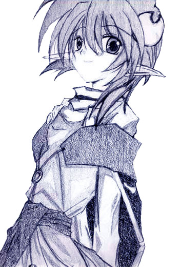 rena lanford, star ocean, star ocean: the second story, 1girl, blush, crescent, crescent hair ornament, dutch angle, female focus, hair ornament, hat, long sleeves, o-ring, pointy ears, sash, scarf, shirt, short hair, simple background, solo, standing, upper body, white background