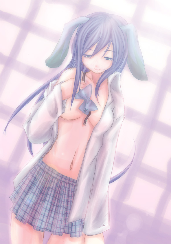 star ocean, 1girl, animal ears, bow, female focus, long hair, navel, open clothes, open shirt, plaid clothes, plaid skirt, pleated skirt, purple hair, rabbit ears, shirt, skirt, solo