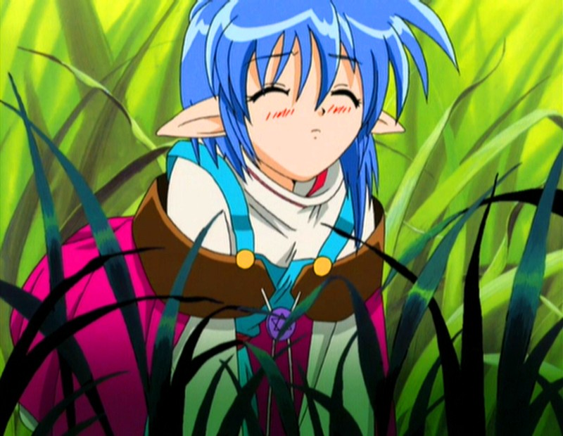 rena lanford, star ocean, star ocean: the second story, star ocean ex, anime screenshot, 00s, 1girl, blue hair, blush, female focus, nature, pointy ears, solo