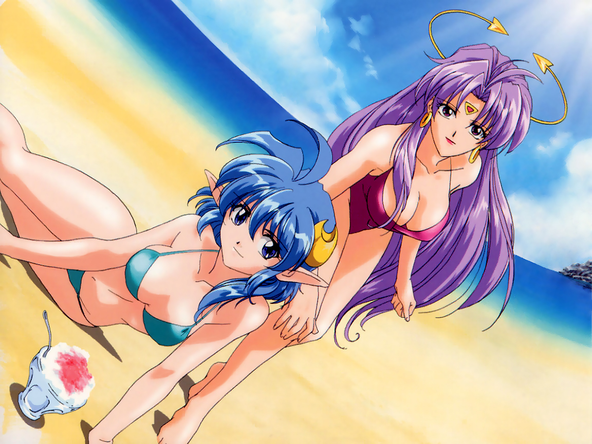 celine jules, rena lanford, star ocean, star ocean: the second story, star ocean ex, 00s, 2girls, beach, bikini, blue eyes, blue hair, crescent, crescent hair ornament, day, dutch angle, earrings, hair ornament, jewelry, long hair, multiple girls, outdoors, pointy ears, purple eyes, purple hair, short hair, swimsuit