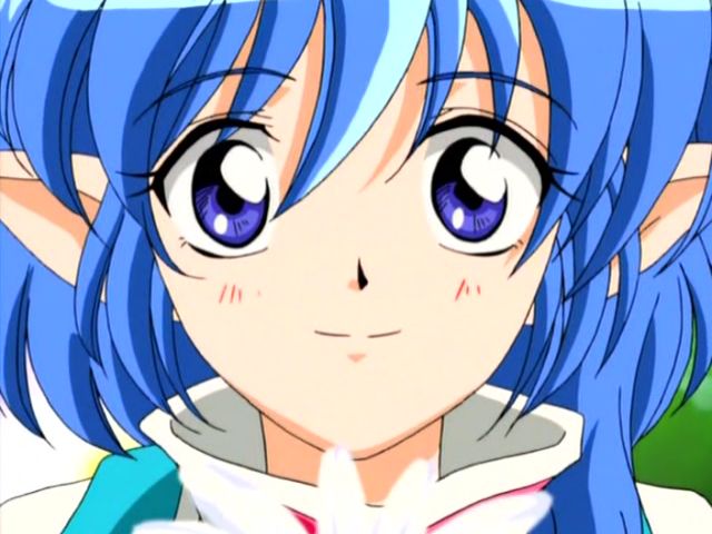 rena lanford, star ocean, star ocean: the second story, star ocean ex, anime screenshot, 00s, 1girl, blue eyes, blue hair, female focus, looking at viewer, matching hair/eyes, pointy ears, portrait, short hair, smile, solo
