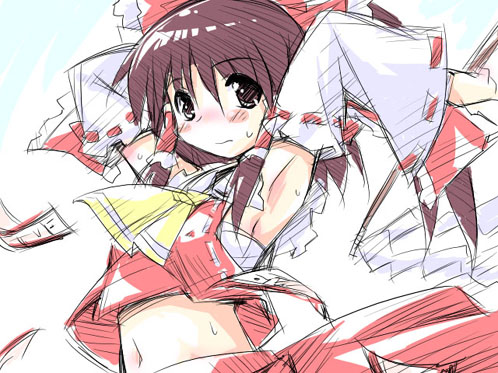 hakurei reimu, touhou, lowres, 1girl, armpits, female focus, gradient background, japanese clothes, miko, sketch, solo, white background