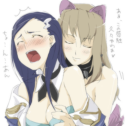 kyo (kuroichigo), natsuki kruger, shizuru viola, my-otome, lowres, 00s, 2girls, animal ears, bare shoulders, blue hair, blush, breasts, brown hair, cleavage, collar, hair ornament, long hair, multiple girls, open mouth, smile, yuri