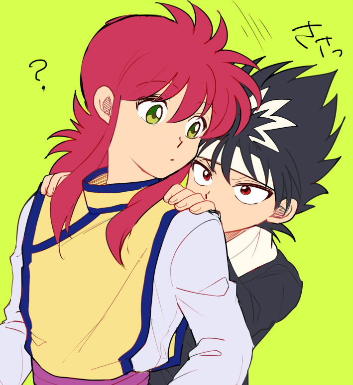 hiei (yu yu hakusho), kurama (yu yu hakusho), yuu yuu hakusho, commentary request, 2boys, ?, black hair, black robe, chinese clothes, expressionless, green background, green eyes, hands on another's shoulders, height difference, long hair, long sleeves, looking at another, looking back, male focus, multiple boys, purple sash, red eyes, red hair, robe, sash, scarf, shirt, short hair, sidelocks, simple background, spiked hair, sumisumimi0712, upper body, white scarf, white shirt