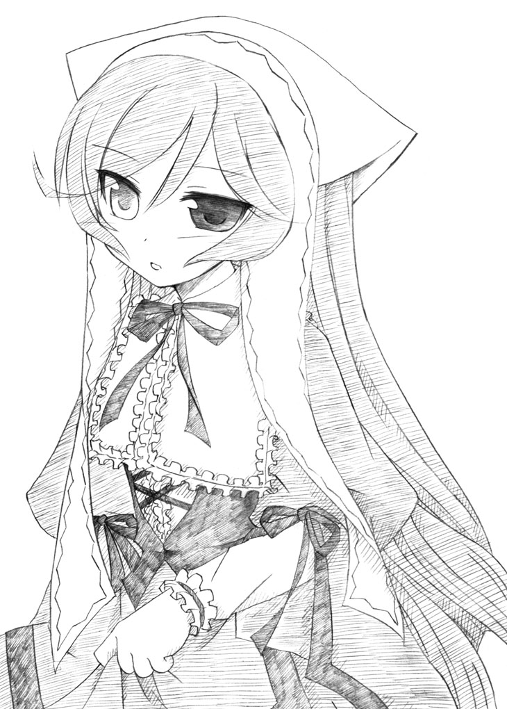 takami ryou, suiseiseki, rozen maiden, 00s, 1girl, female focus, greyscale, heterochromia, long hair, monochrome, solo, very long hair