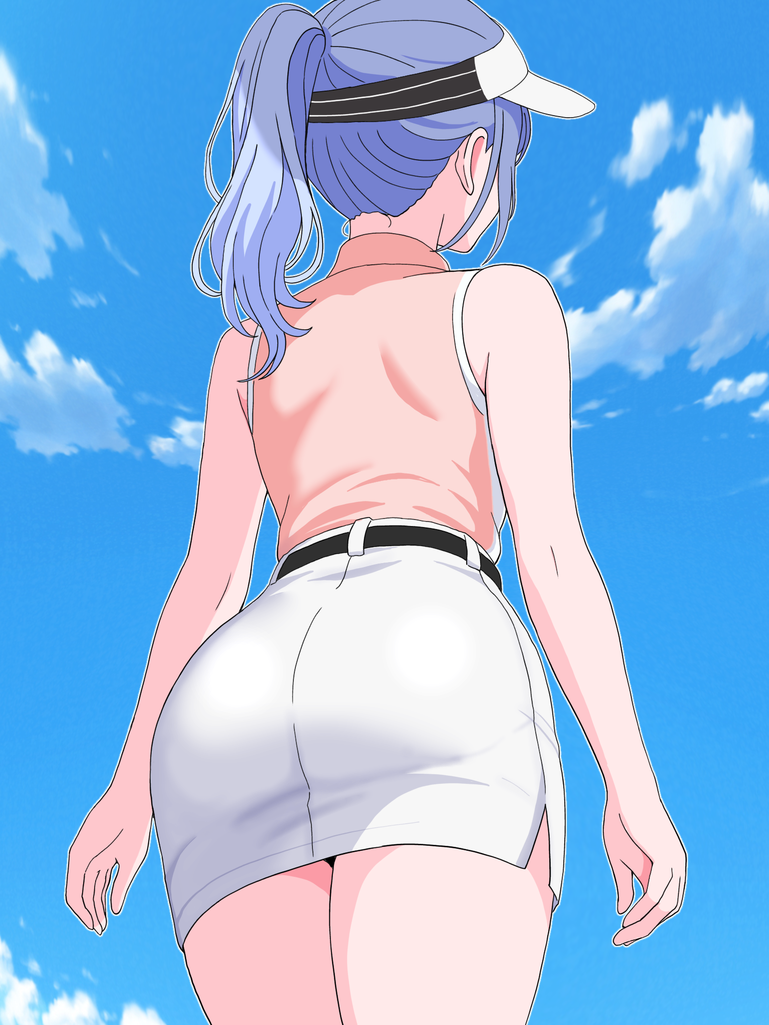 hondy (user gcxa2842), suzuki hana, idolmaster, idolmaster shiny colors, highres, ass, blue hair, blue sky, cloud, facing away, from behind, from below, miniskirt, pencil skirt, ponytail, shirt, shirt tucked in, side slit, skirt, sky, sleeveless, sleeveless shirt, thighs, visor cap, white skirt