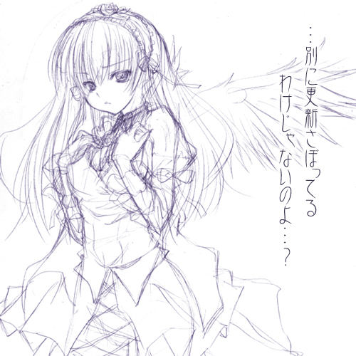 suigintou, rozen maiden, lowres, 00s, 1girl, cowboy shot, cross-laced clothes, dress, expressionless, female focus, hairband, hand on own chest, long hair, long sleeves, looking at viewer, monochrome, purple theme, simple background, sketch, solo, standing, very long hair, white background