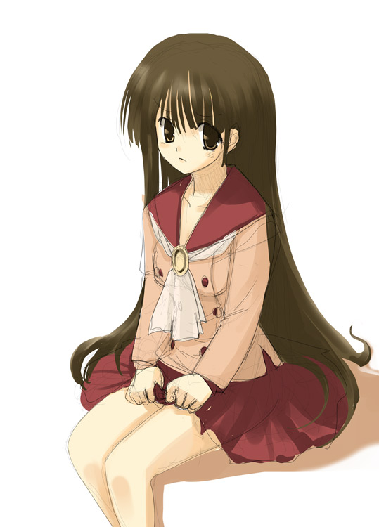 original, tagme, brown hair, clothes grab, long hair, school uniform, serafuku, skirt grab, solo, very long hair