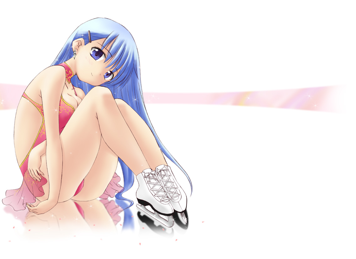 1girl, back, bare shoulders, blue eyes, blue hair, blush, breasts, cleavage, earrings, female focus, hair ornament, hairclip, halterneck, head tilt, ice, ice skates, ice skating, indoors, jewelry, knees to chest, legs, leotard, long hair, looking at viewer, matching hair/eyes, miniskirt, petals, profile, reflection, see-through clothes, sitting, skates, skating, skirt, smile, solo, turtleneck, very long hair