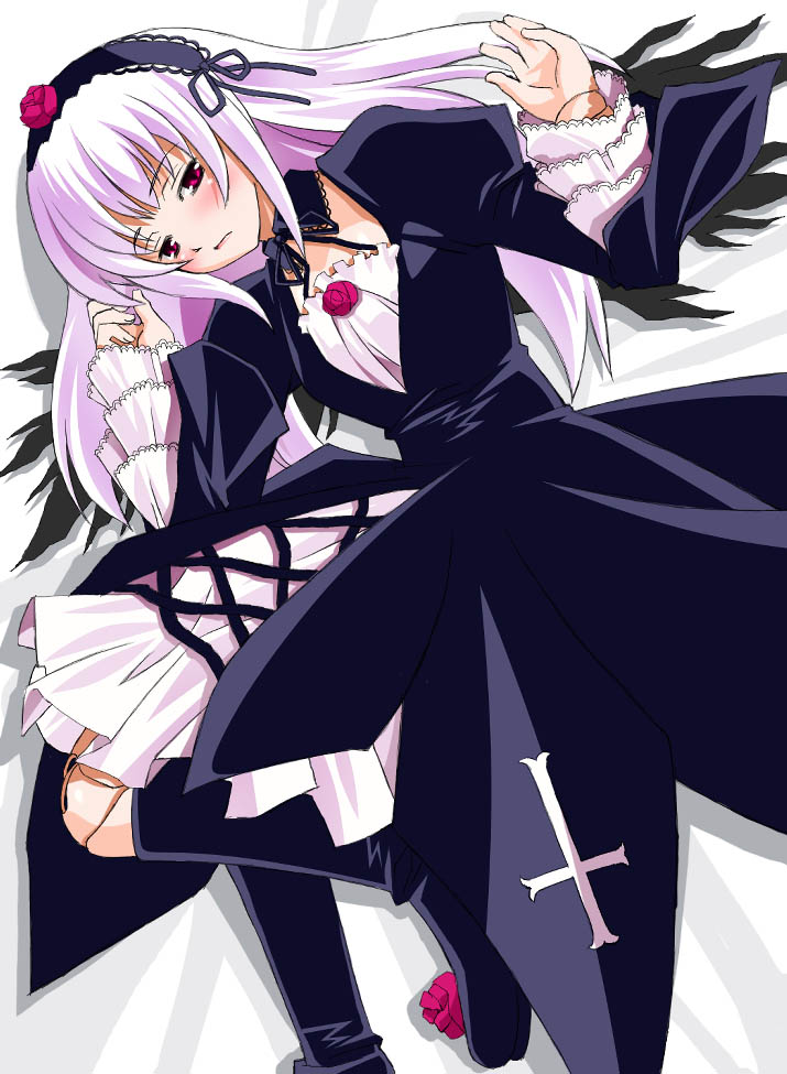 umekichi, suigintou, rozen maiden, silver hair, 00s, 1girl, averting eyes, bed sheet, black boots, black dress, black ribbon, black wings, blush, boots, cross, cross moline, cross print, detached collar, doll joints, dress, female focus, flower, frilled sleeves, frills, gothic lolita, hair ribbon, hairband, inverted cross, joints, latin cross, lolita fashion, lolita hairband, long hair, long sleeves, lying, on back, pink eyes, puffy sleeves, ribbon, rose, sidelocks, solo, very long hair, wings