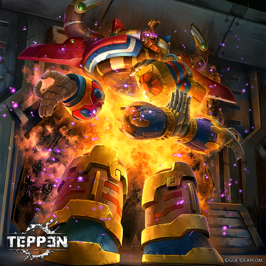 ishida baru, mega man (series), mega man x: command mission, mega man x (series), teppen, commentary request, official art, 1boy, android, armor, boots, company name, copyright logo, copyright name, copyright notice, extra arms, fire, incentas (mega man), indoors, logo, looking at viewer, male focus, mask, own hands together, palms together, purple eyes, rayman limbs, shoulder armor, solo, sparks, standing, uraeus, yellow boots