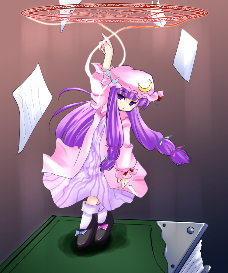 patchouli knowledge, touhou, 1girl, crescent, female focus, hat, long hair, magic circle, purple hair, solo