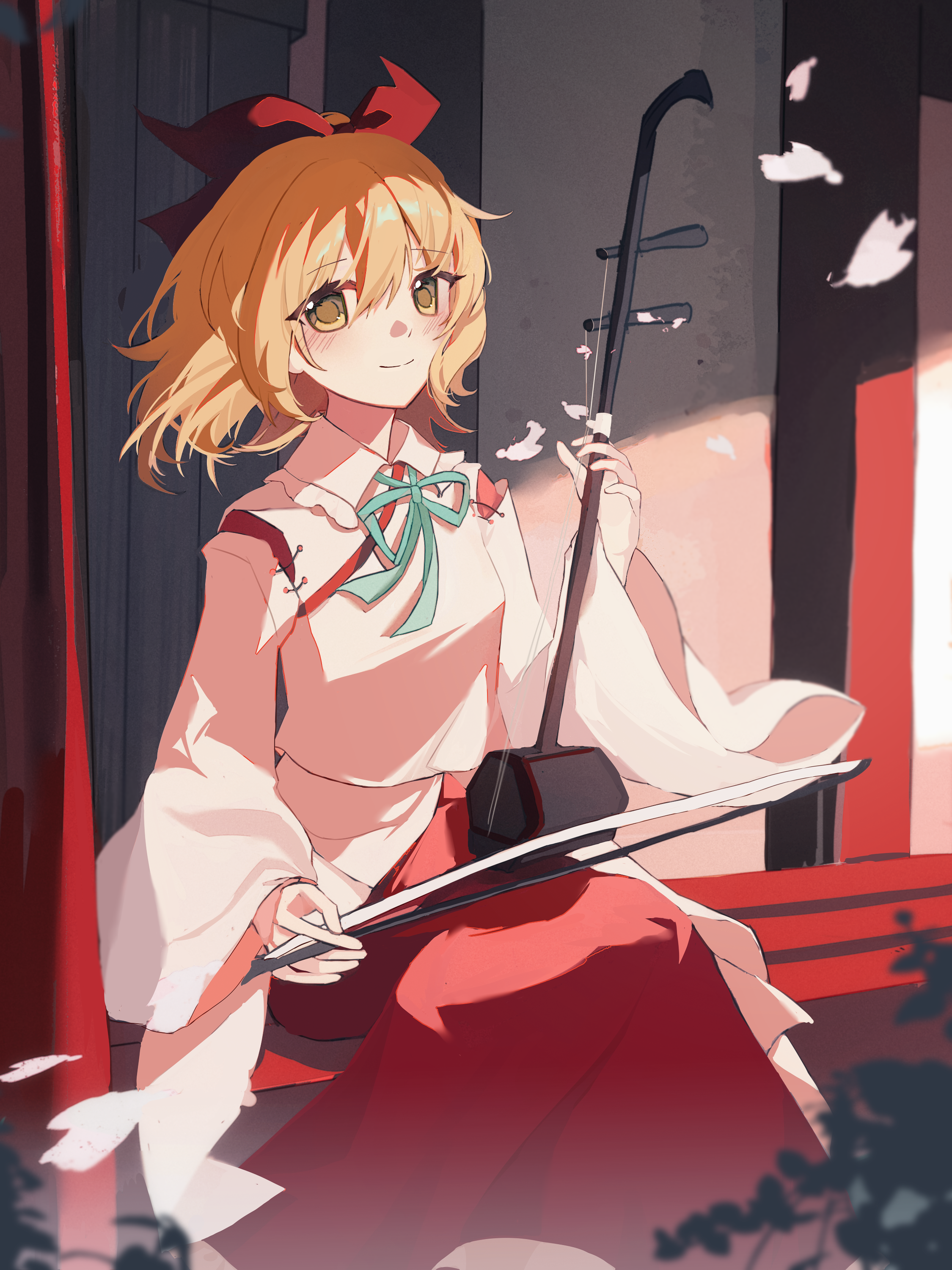 hutaodehetao, satsuki rin, touhou, absurdres, chinese commentary, commentary request, highres, 1girl, blonde hair, bow, bowtie, cherry blossoms, detached sleeves, erhu, falling petals, green bow, holding, holding instrument, instrument, petals, pink petals, red bow, red skirt, shirt, skirt, solo, sunlight, veranda, white shirt, wooden door, yellow eyes