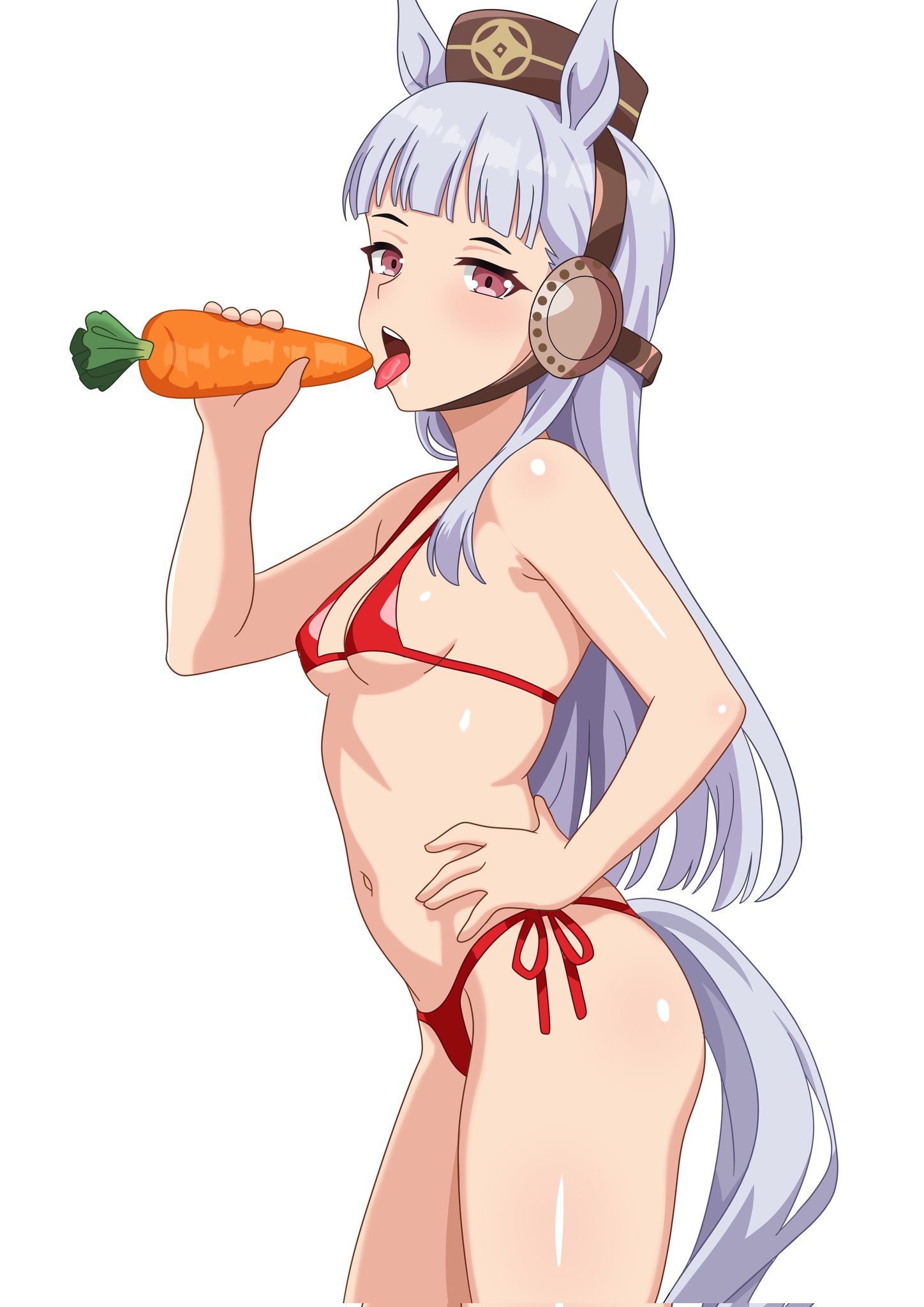 justcuyo, gold ship (umamusume), umamusume, commentary, commission, english commentary, highres, 1girl, alternate breast size (smaller), animal ears, armpits, bare arms, bare legs, bare shoulders, bikini, blush, breasts, carrot, cowboy shot, food, from side, hand on own hip, hand up, holding, holding food, horse ears, horse girl, horse tail, long hair, looking at viewer, pillbox hat, pink eyes, red bikini, sexually suggestive, shiny skin, side-tie bikini bottom, sideboob, simple background, small breasts, solo, string bikini, swimsuit, tail, underboob, very long hair, white background, white hair