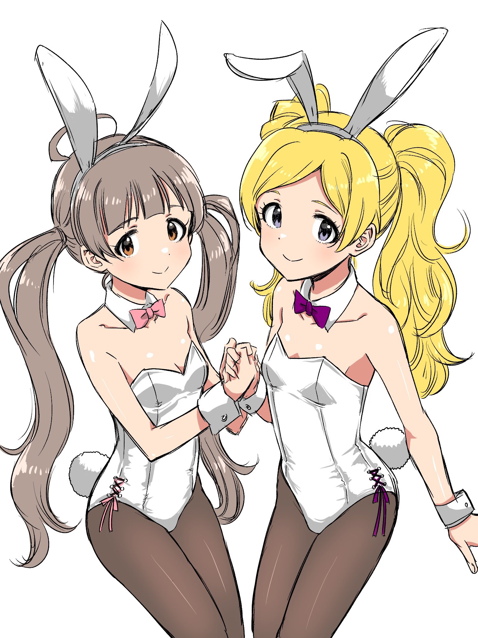 matcha kingyo, emily stewart, hakozaki serika, idolmaster, idolmaster million live!, highres, 2girls, animal ear hairband, animal ears, black pantyhose, blonde hair, breasts, brown eyes, brown hair, collarbone, detached collar, fake animal ears, fake tail, grey eyes, hairband, holding hands, leotard, long hair, multiple girls, pantyhose, playboy bunny, rabbit ear hairband, rabbit ears, rabbit tail, side-tie leotard, simple background, small breasts, standing, strapless, strapless leotard, tail, twintails, very long hair, white background, white leotard, white wrist cuffs, wrist cuffs