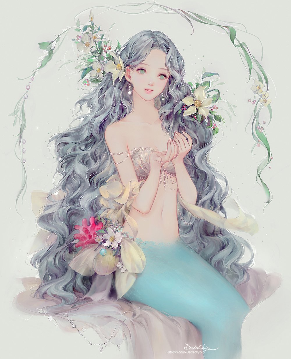 dadachyo, original, highres, 1girl, aqua eyes, aqua tail, bare shoulders, bead armlet, bikini, corset, cowboy shot, dated, earrings, eyelashes, fins, fish tail, flower, forehead, grey background, grey hair, hair flower, hair ornament, jewelry, light smile, lipstick, long hair, looking ahead, makeup, mermaid, monster girl, navel, parted lips, pink lips, shell, shell bikini, signature, simple background, sitting, solo, sphere earrings, stomach, strapless, strapless bikini, swimsuit, tail, very long hair, wavy hair, white bikini, white flower