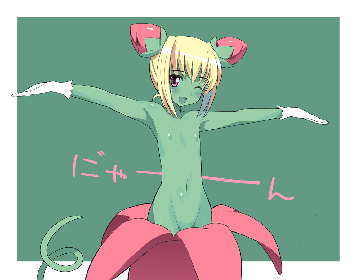 sikorsky, alraune, flora beast (disgaea), disgaea, makai senki disgaea 2, nippon ichi, 1girl, androgynous, blonde hair, colored skin, female focus, flat chest, green skin, green theme, monster girl, nipples, nude, one eye closed, open mouth, outstretched arms, plant girl, solo, spread arms, wink