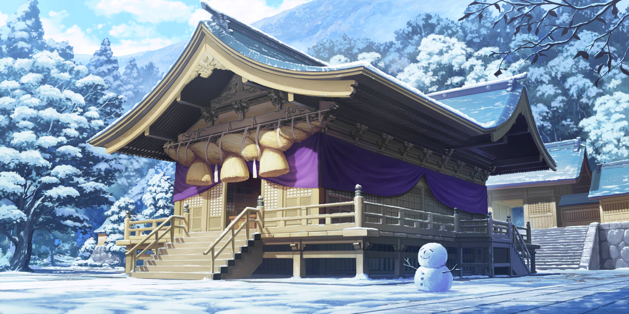 touhou, touhou lostword, artist request, game cg, highres, official art, third-party source, architecture, blue sky, box, cloud, day, donation box, east asian architecture, forest, moriya shrine, mountain, nature, no humans, outdoors, rope, scenery, shimenawa, shrine, sky, smile, snow, snowman, stairs, tree, winter