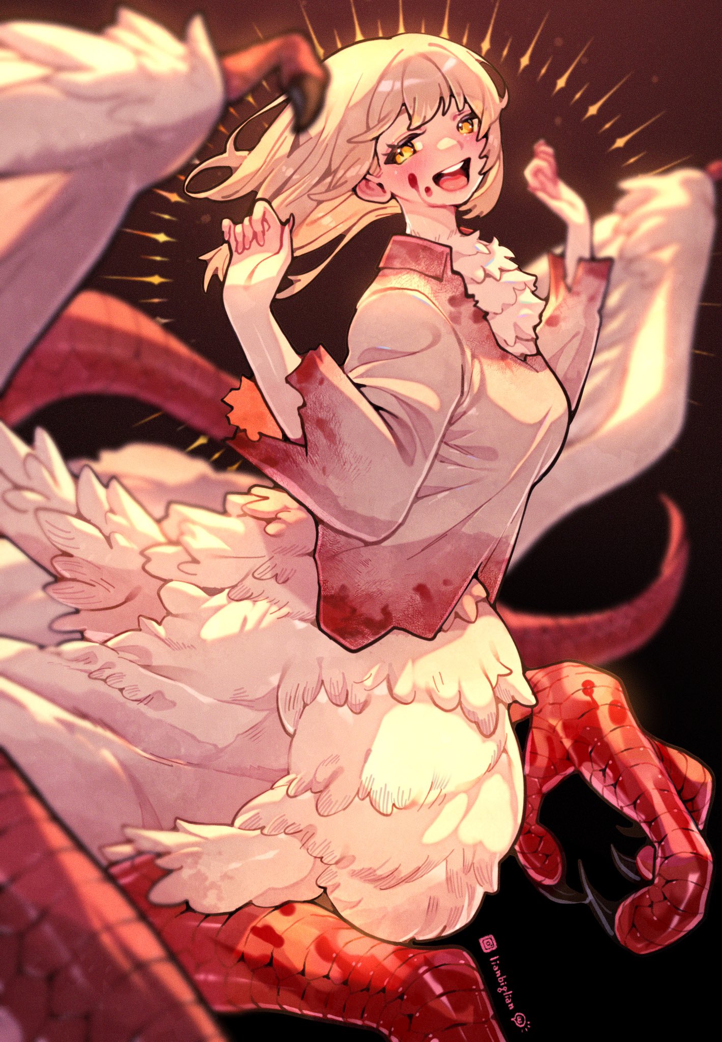 lianbiglian, falin touden, falin touden (chimera), dungeon meshi, chinese commentary, commentary request, highres, 1girl, :d, artist name, black background, black claws, blonde hair, blood, blood on clothes, blood on face, chimera, dragon girl, dragon tail, feathered wings, feathers, light blush, monster girl, open mouth, red scales, shirt, smile, solo, tail, white shirt, wings, yellow eyes