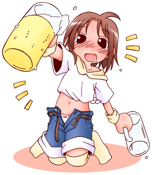 marunos, 1girl, alcohol, beer, belt, blush, bow, bow panties, brown eyes, brown hair, drunk, fang, female focus, froth, hood, hoodie, kneeling, midriff, open belt, open clothes, open fly, open shorts, panties, pantyshot, short hair, shorts, solo, thighhighs, unbuttoned, underwear, undressing, unzipped, white panties, wristband