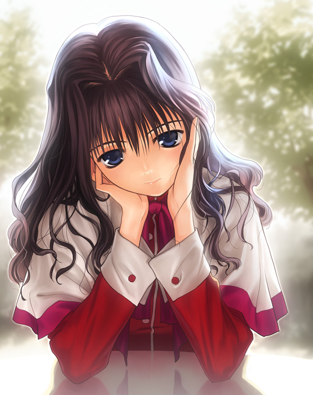 koyama hirokazu, misaka kaori, kanon, backlighting, blue eyes, brown hair, capelet, day, hair intakes, hand in own hair, head rest, head tilt, long hair, reflective floor, solo, tree, wavy hair