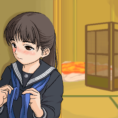 mako-hime, princess mako, real life, lowres, 1girl, animification, blush, embarrassed, female focus, indoors, oekaki, real life insert, school uniform, serafuku, solo, undressing