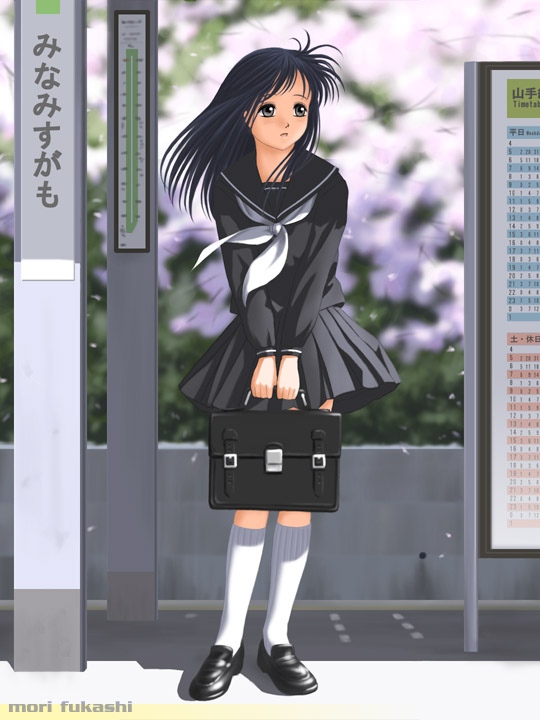 1girl, bag, female focus, pleated skirt, school bag, school uniform, serafuku, skirt, solo, spring (season)