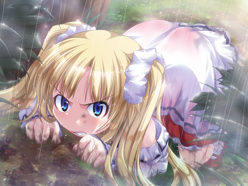 cynthia curio, sincere, game cg, 1girl, all fours, angry, blonde hair, blue eyes, bush, clenched teeth, dirty, dirty face, dress, female focus, mary janes, mud, rain, shoes, solo, teeth, twintails, wet, wet clothes