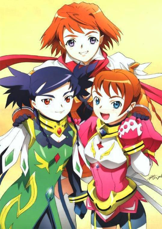 hisayuki hirokazu, arika yumemiya, nina wang, tokiha mai, my-otome, uniform, jpeg artifacts, 00s, 3girls, armlet, black gloves, blue eyes, blue hair, elbow gloves, gloves, grin, hand on another's shoulder, jewelry, looking at viewer, multiple girls, open mouth, orange hair, parted lips, pink gloves, puffy short sleeves, puffy sleeves, purple eyes, red eyes, red scarf, scarf, short hair, short sleeves, shorts, simple background, smile, standing, teeth, two side up, yellow background