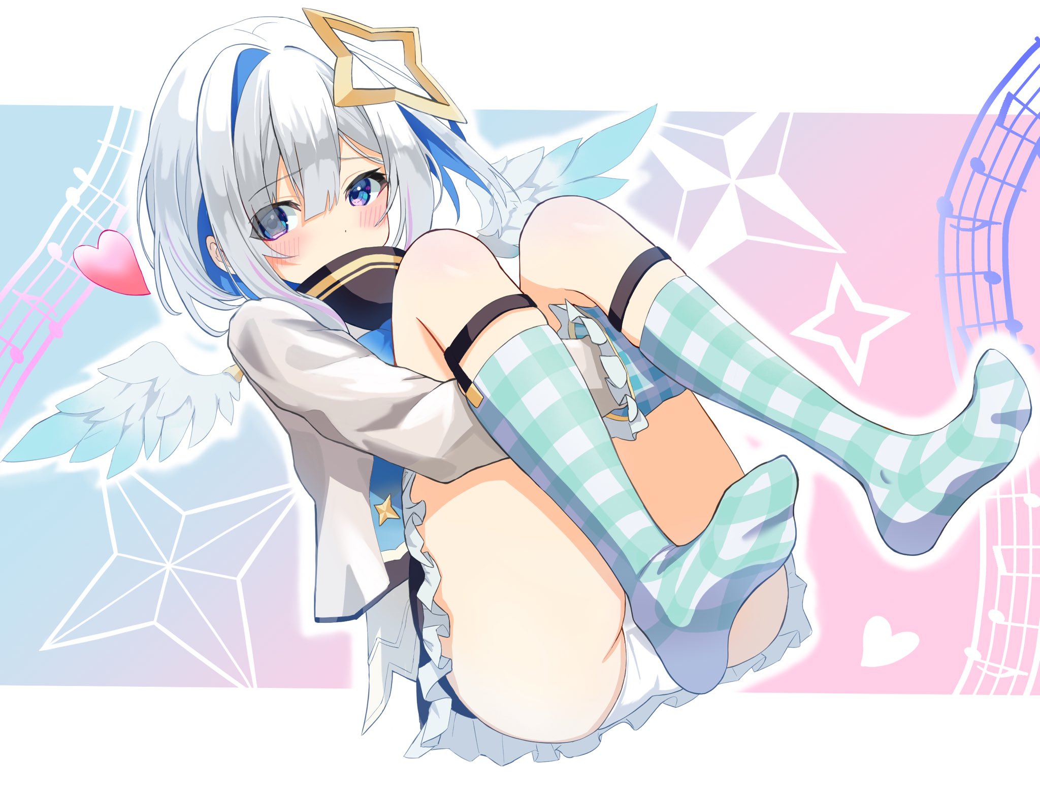 123haruno oto, amane kanata, hololive, commentary request, highres, 1girl, aqua socks, blue eyes, blush, colored inner hair, covered mouth, crotch seam, dot nose, double-parted bangs, eyes visible through hair, full body, grey hair, grey shirt, hair between eyes, halo, heart, hugging own legs, kneehighs, knees up, long bangs, long sleeves, looking at viewer, medium hair, miniskirt, multicolored hair, musical note, no shoes, outline, panties, plaid clothes, plaid socks, shirt, sitting, skirt, socks, solo, star (symbol), star halo, star symbol background, underwear, virtual youtuber, white panties, white wings, wings