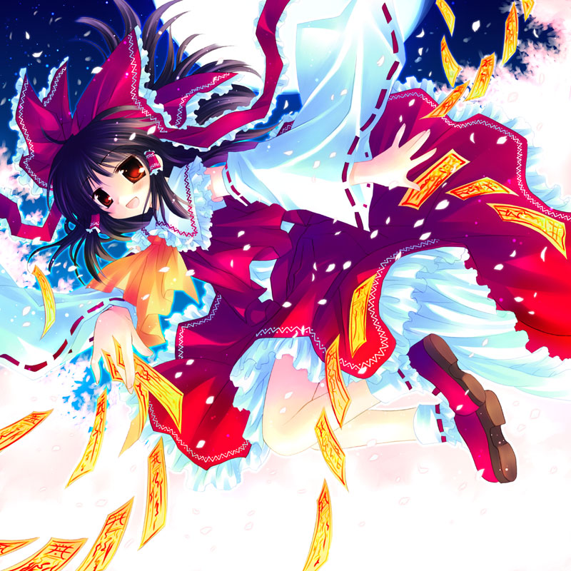 sakurazawa izumi, hakurei reimu, touhou, 1girl, ascot, black hair, blush, bow, brown eyes, detached sleeves, dress, female focus, frills, hair ribbon, hair tubes, long hair, ofuda, red dress, ribbon, shoes, smile, solo