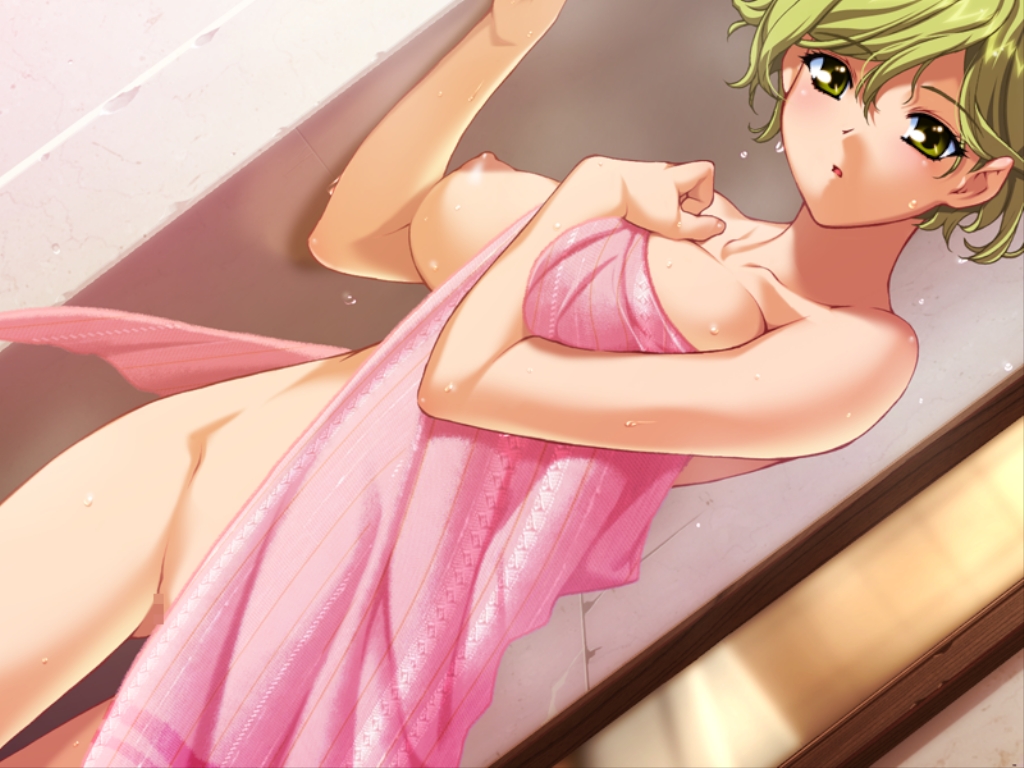 ino (magloid), saegusa mikoto, izayoi no hanayome, game cg, non-web source, 1girl, bath, bathroom, blonde hair, blush, breasts, censored, covering privates, dutch angle, female focus, green eyes, large breasts, mosaic censoring, naked towel, nipples, nude, nude cover, open mouth, pussy, short hair, solo, standing, thigh gap, thighs, towel, wet, yellow eyes