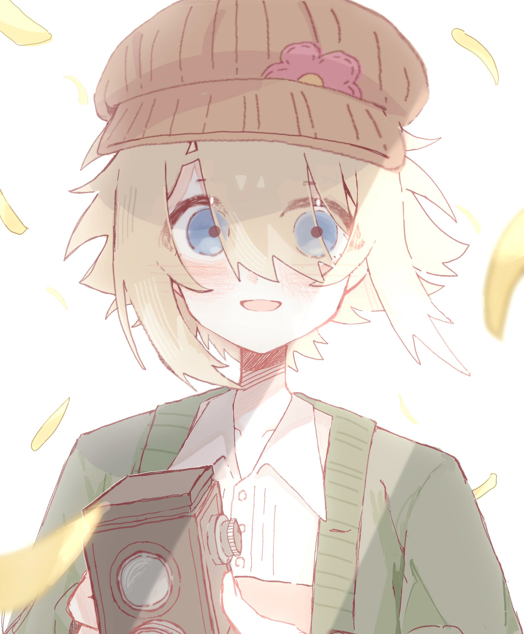 basil (birthday) (omori), basil (faraway) (omori), basil (omori), omori, highres, 1boy, 5oh h, blonde hair, blush, brown hat, camera, cardigan, collarbone, collared shirt, double-parted bangs, green cardigan, hair between eyes, hat, holding, holding camera, looking at viewer, male focus, newsboy cap, open mouth, shirt, short hair, sidelocks, smile, solo, upper body, white shirt