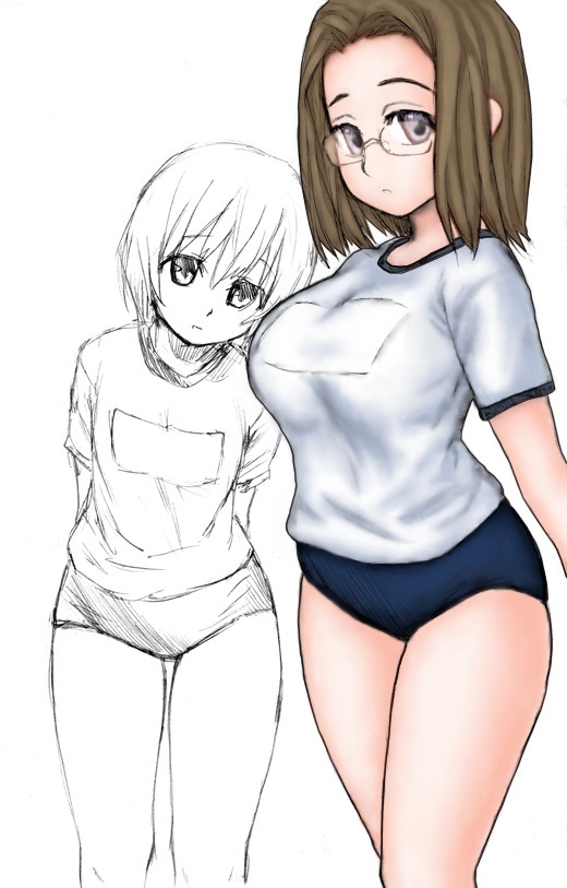 asanagi, hitotsubashi yurie, shijou mitsue, kamichu!, colorized, 00s, 2girls, age difference, arms behind back, breast envy, breasts, buruma, child, flat chest, frown, glasses, gym uniform, large breasts, leaning, looking at viewer, multiple girls, partially colored, short hair, simple background, sketch, standing, thighs