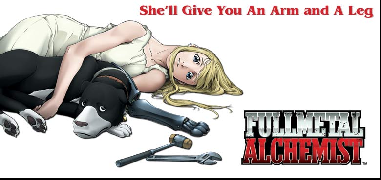 den (fma), winry rockbell, fullmetal alchemist, official art, blonde hair, blue eyes, dog, dress, logo, long hair, lying, mechanic, parody, prosthesis, solo, tools, wrench